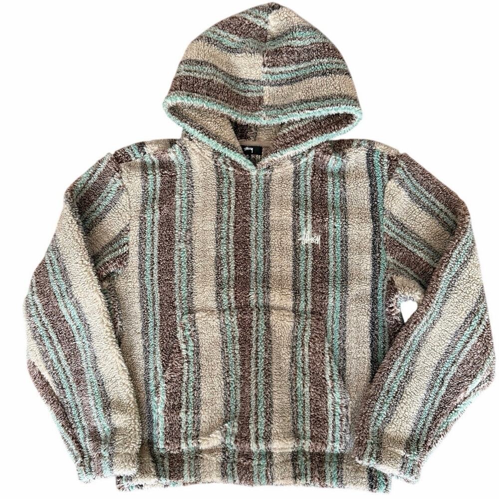Stussy Sherpa Fleece Hoodie Striped Brown Tan Green Pullover Cozy unisex Size M